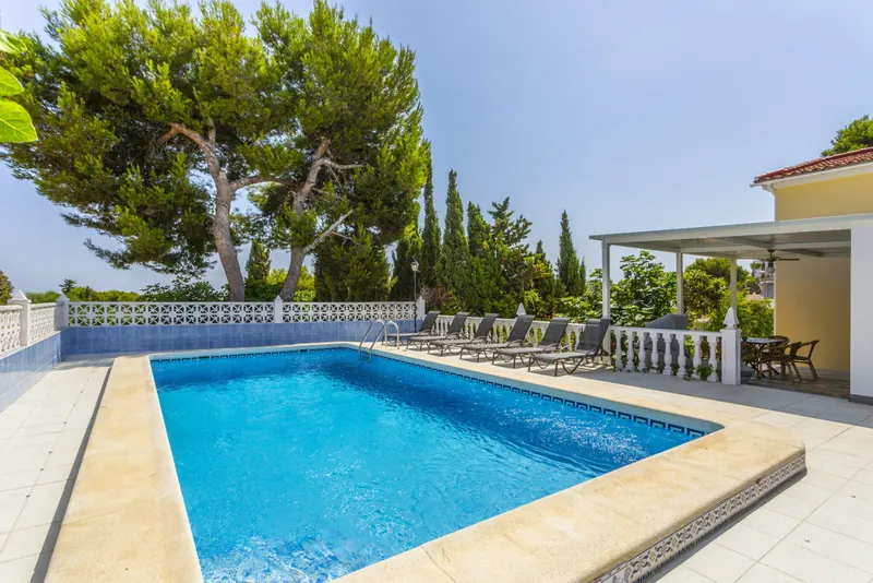 Privater Pool mit Sonnenliegen unter Pinien